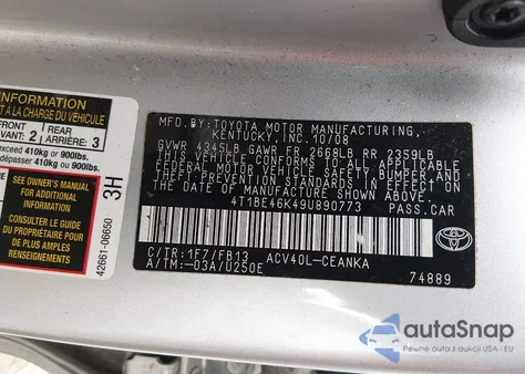 2009 Toyota Camry Le z USA, uszkodzony, nr VIN 4T1BE46K49U890773